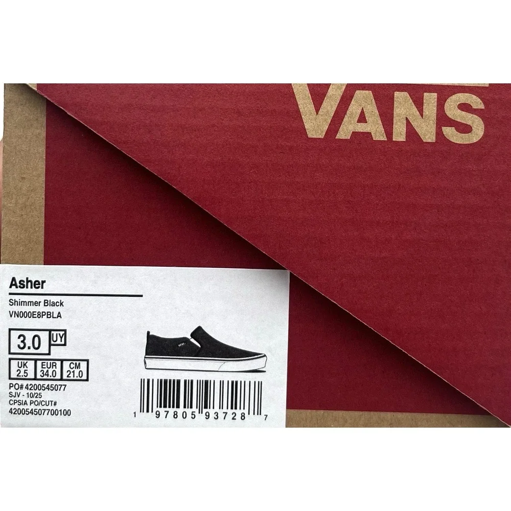Vans Youth Girls Asher Slip On Casual Shoes Size 3 Shimmer Black Gray Sneakers